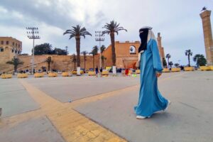 Tripoli, Libya Libyan woman in Niqab walking in Martyrs square in Tripoli city.